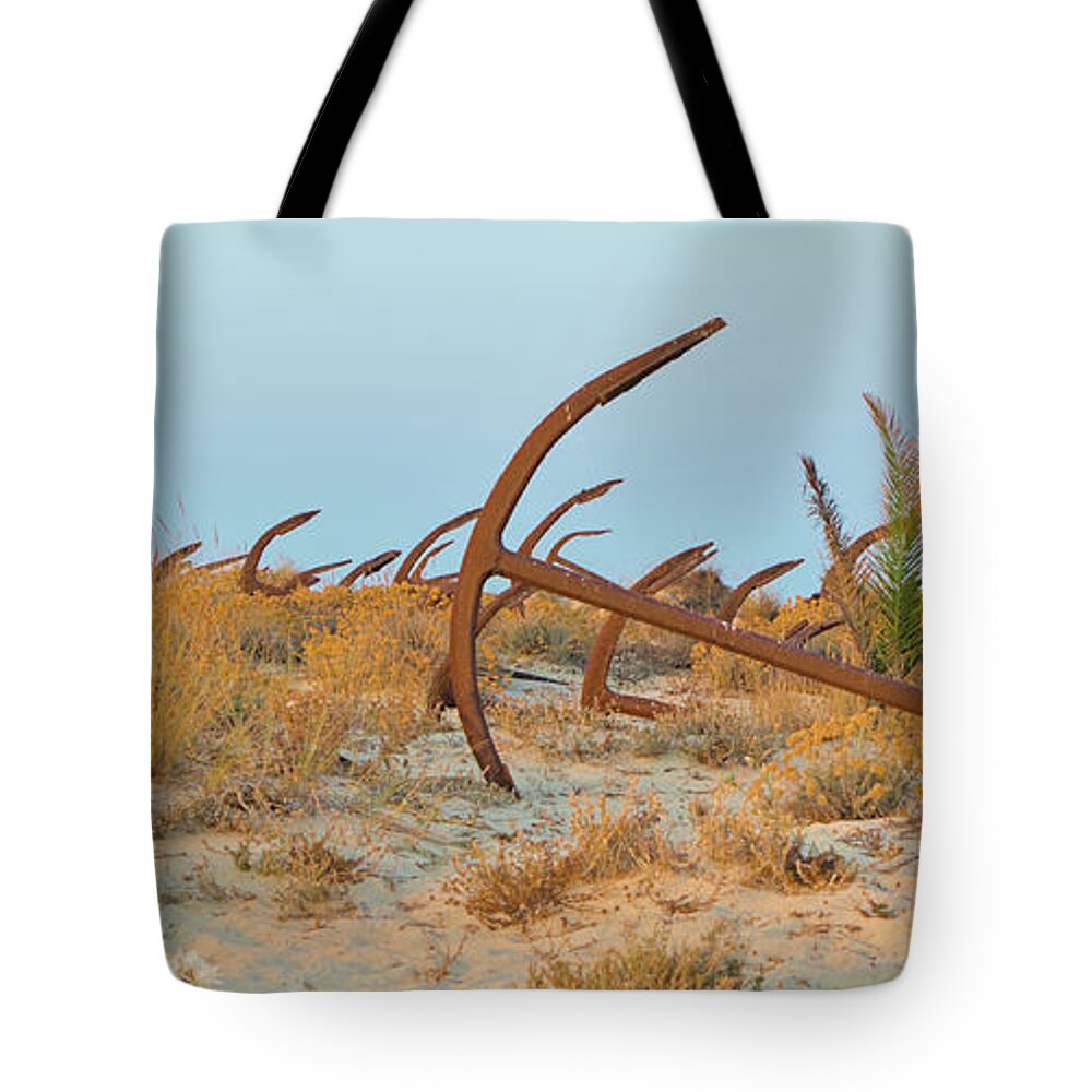 Tavira Tote Bag featuring the photograph Anchors in Barril Beach by Angelo DeVal