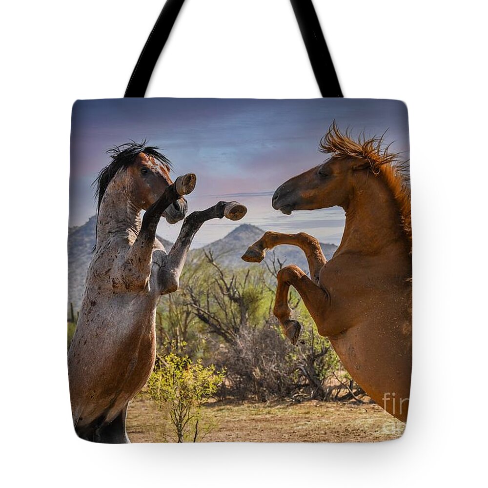 Salt River Wild Horses Sparring Tote Bag featuring the digital art And The Dirt Is Flying by Tammy Keyes