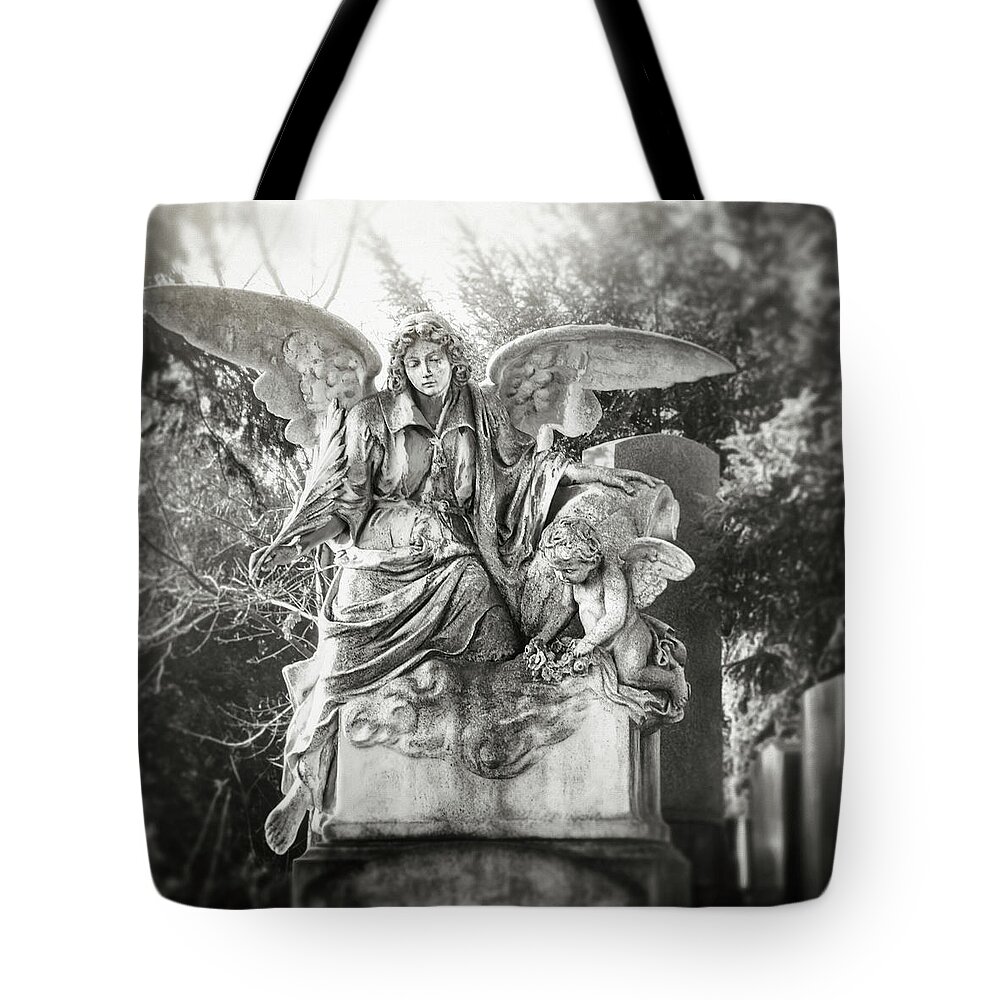 Cemetery Tote Bag featuring the photograph Angel and Cherub Zentralfriedhof Vienna Black and White Square by Carol Japp
