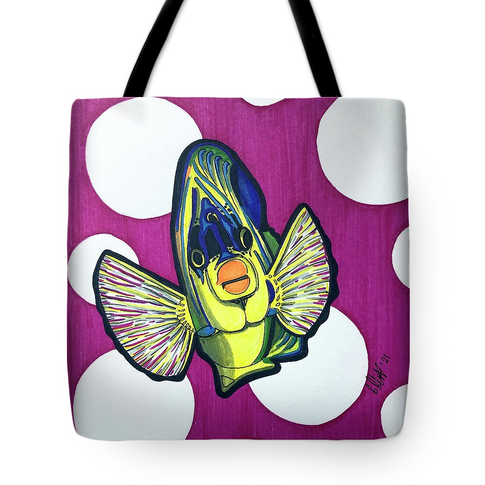 Angel Fish Tote Bag featuring the drawing Angel Fish Yellow by Creative Spirit
