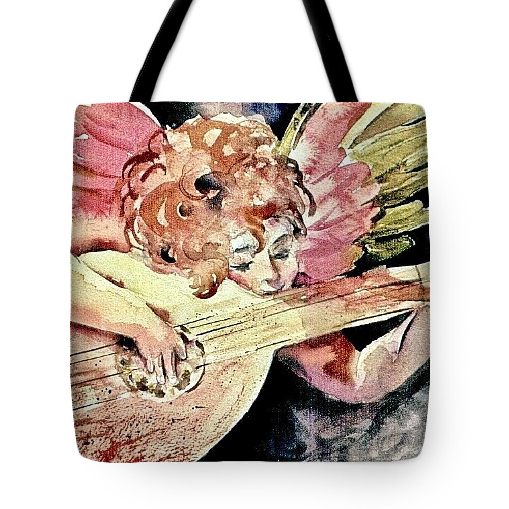 Angels Tote Bag featuring the painting Angelic Music by Mafalda Cento