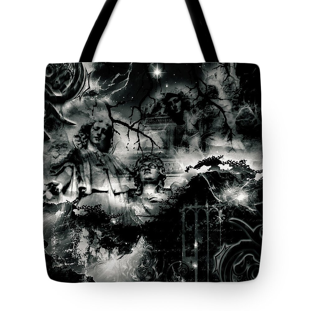 Angels Tote Bag featuring the digital art Angels In Gothica BW by Michael Damiani