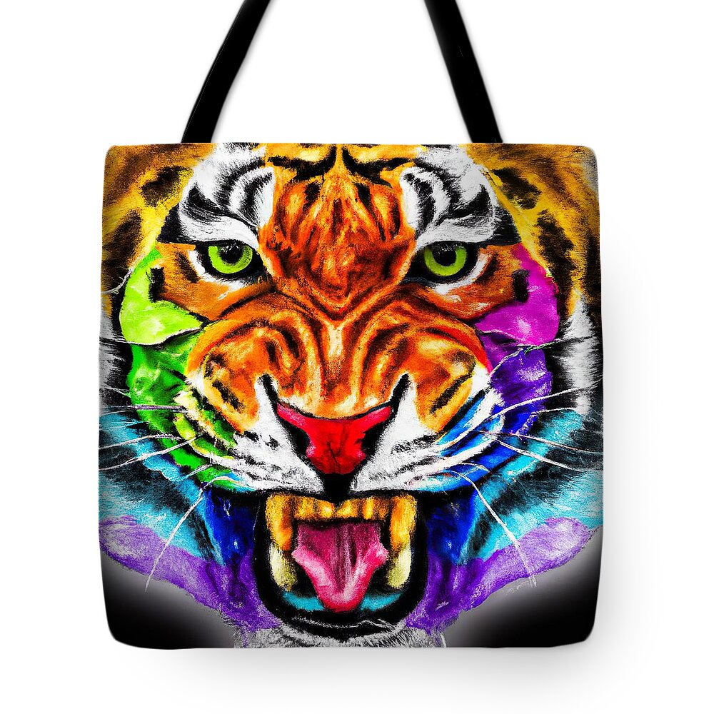 Angry tiger rainbow colored face art Tote Bag