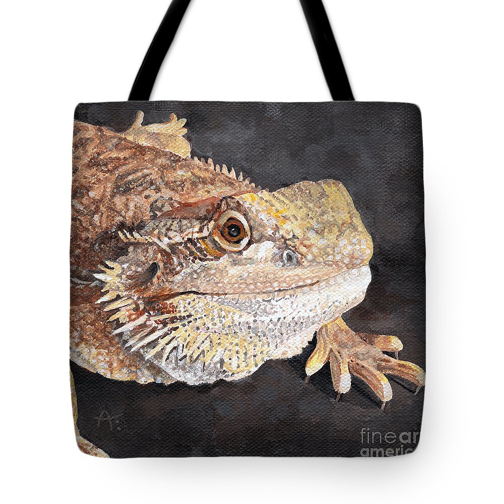 Bearded Dragon Tote Bag featuring the painting Angus - Bearded Dragon by Annie Troe