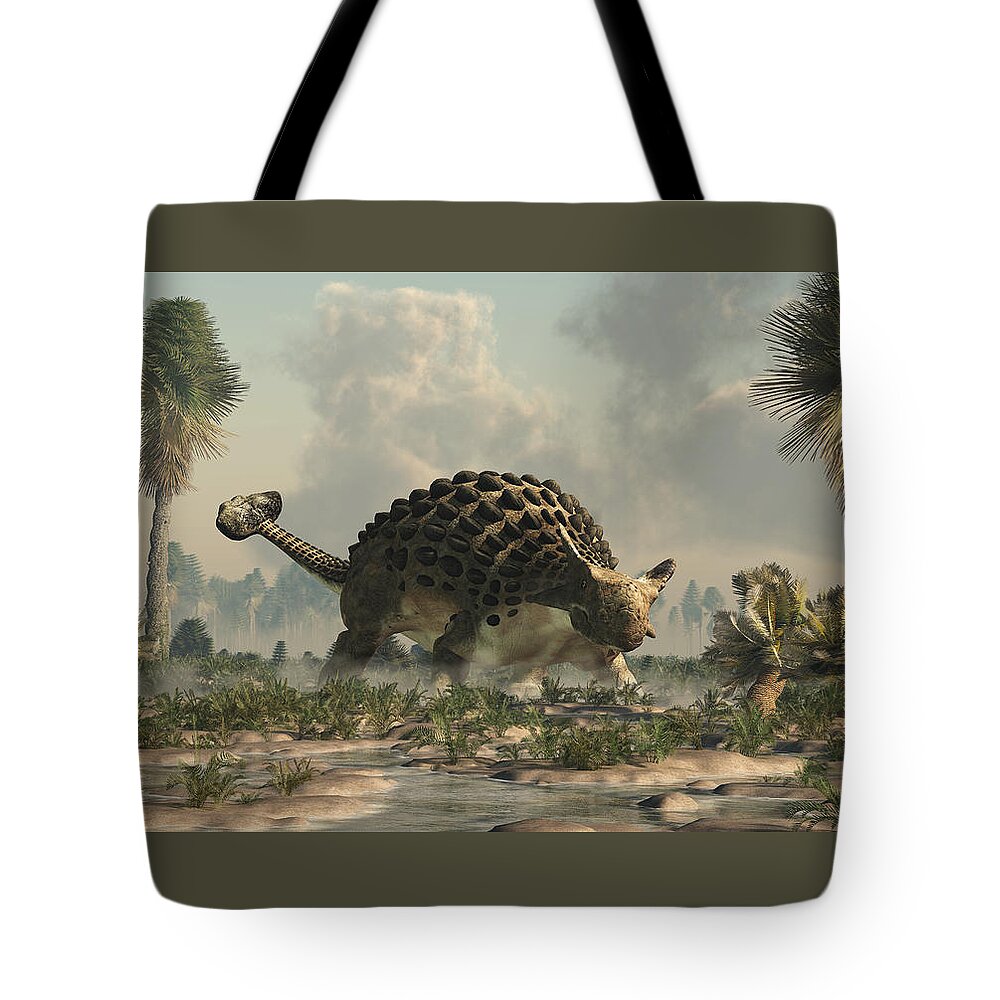Ankylosaurus Tote Bag featuring the digital art Ankylosaurus in a Wetland by Daniel Eskridge