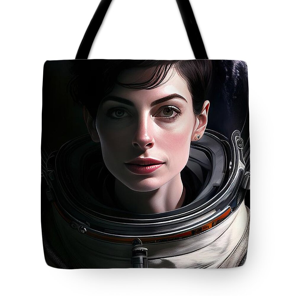 Interstellar Tote Bag featuring the painting Anne Hathaway as Brand No.3 by My Head Cinema