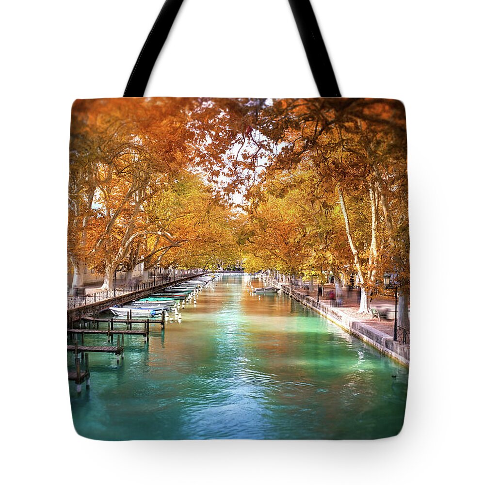 Annecy Tote Bag featuring the photograph Annecy France Idyllic Canal du Vasse by Carol Japp
