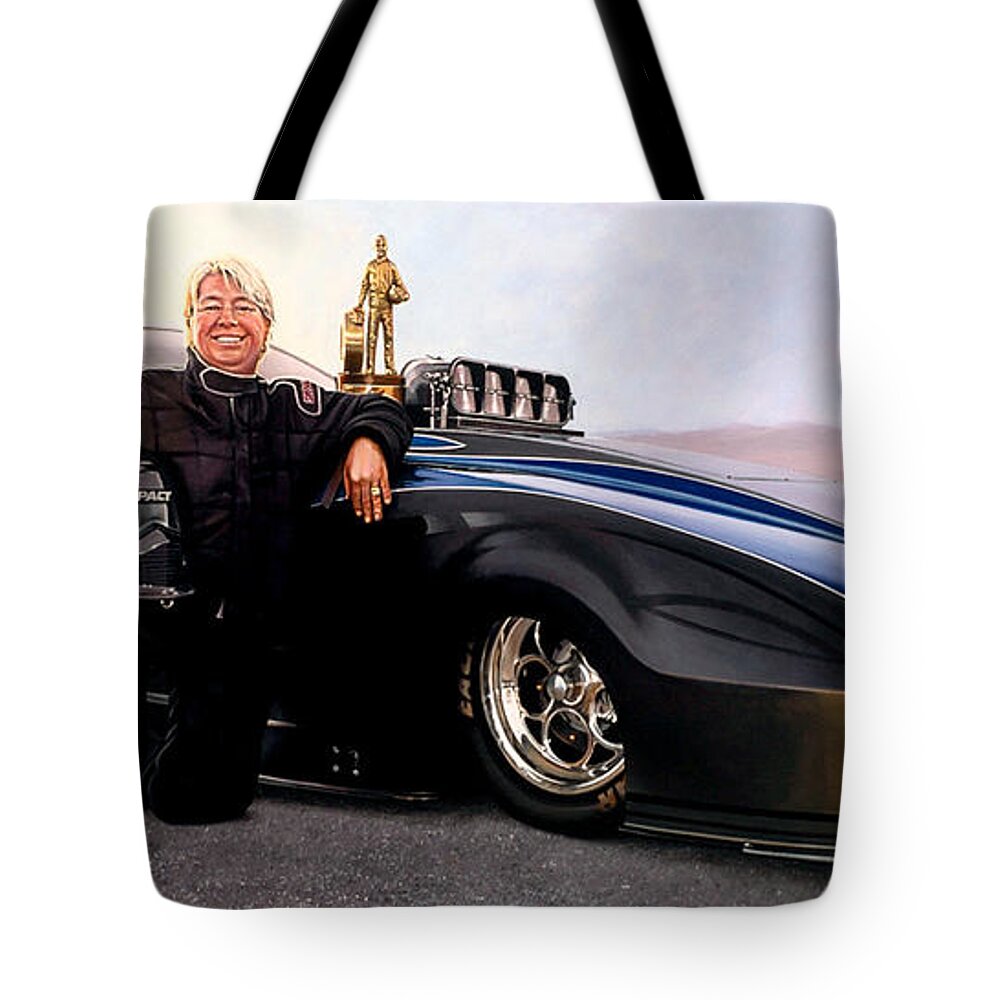 Drag Racing Nhra Top Fuel Funny Car John Force Kenny Youngblood Nitro Champion March Meet Images Image Race Track Fuel Annie Whitely Tote Bag featuring the painting Annies Jackpot by Kenny Youngblood