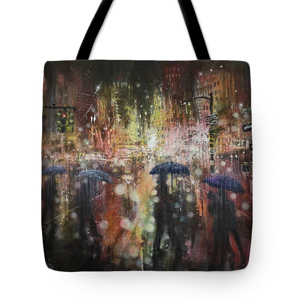 City At Night Tote Bag featuring the painting Another Stormy Night by Tom Shropshire