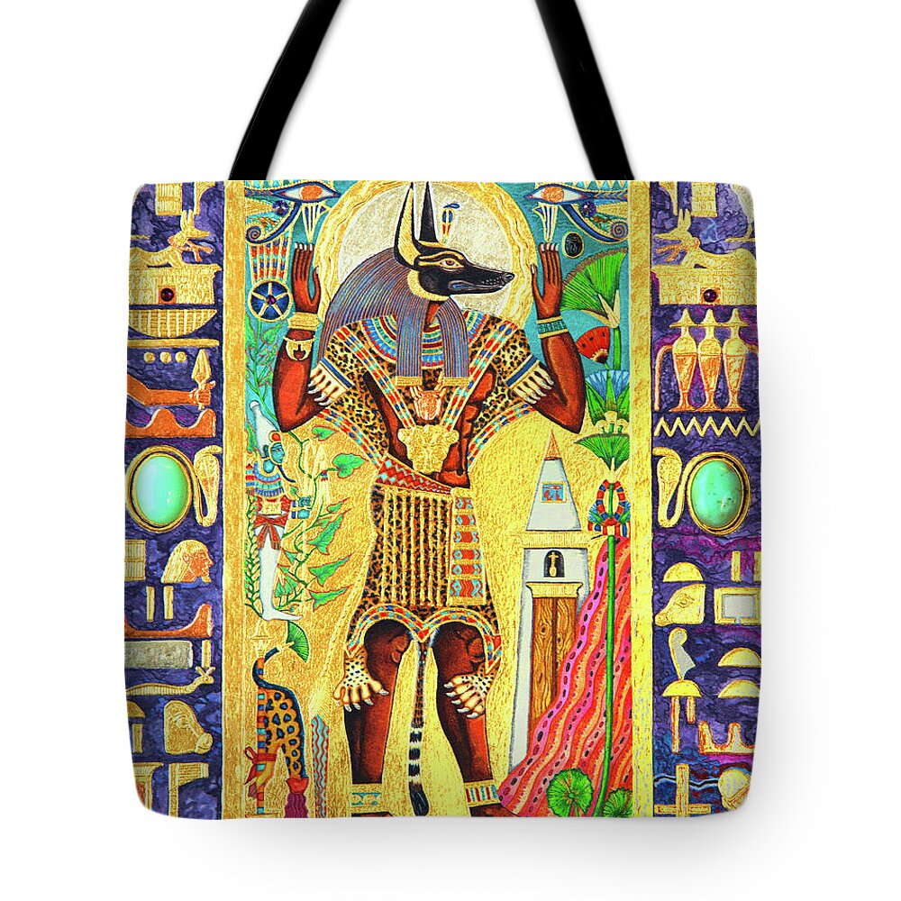 Anpu Tote Bag featuring the mixed media Anpu Lord of the Sacred Land by Ptahmassu Nofra-Uaa