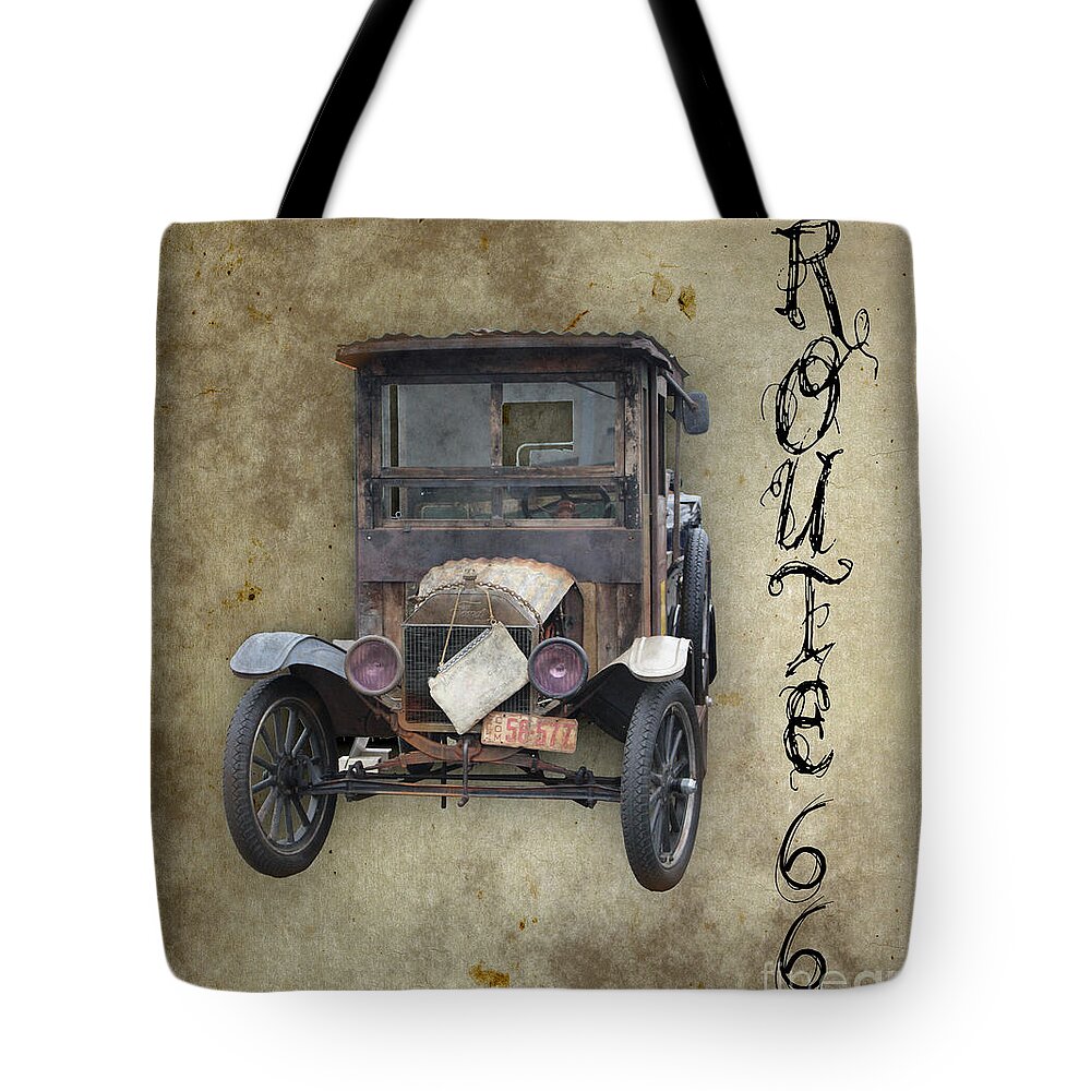 Black Car Tote Bag featuring the photograph Antique Automobile and Old Route 66 by Colleen Cornelius