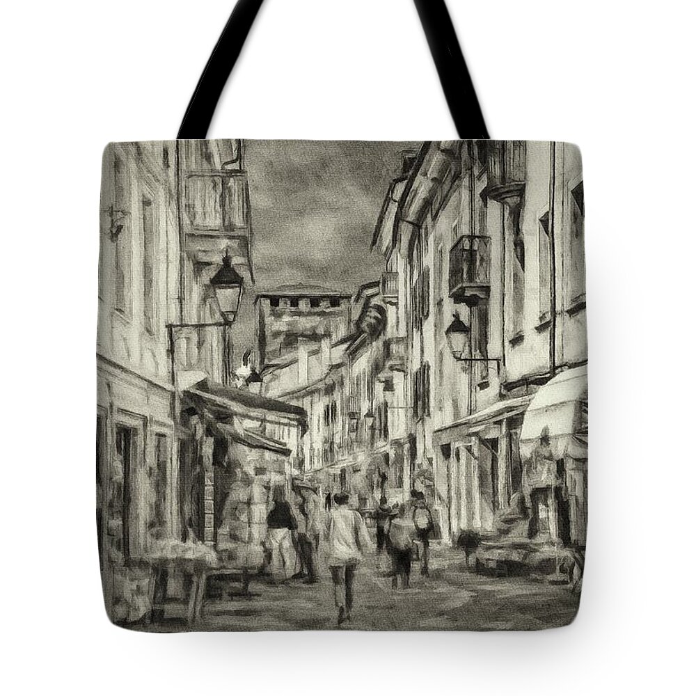 Aosta Tote Bag featuring the painting Aosta Street Sceen - BW by Jeffrey Kolker