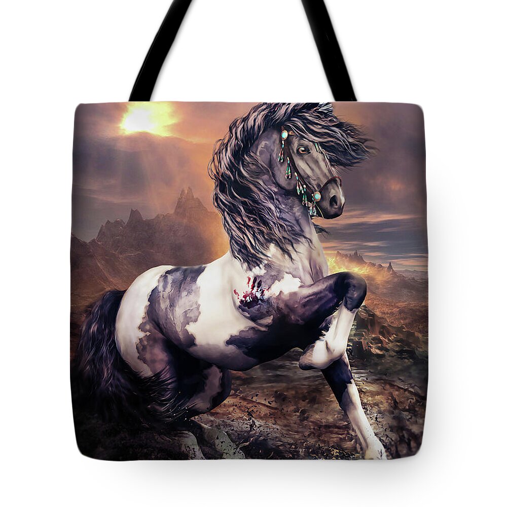 Apache War Horse Tote Bag featuring the digital art Apache War Horse by Shanina Conway