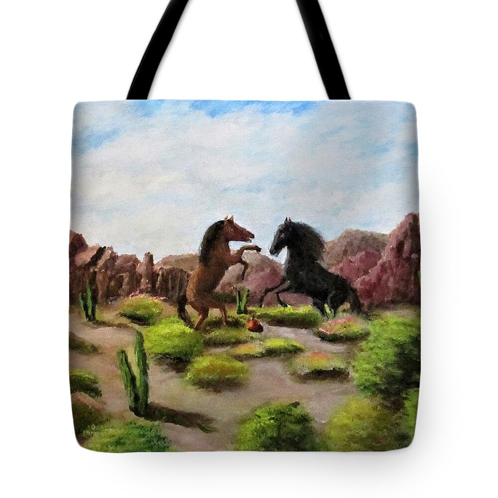 Animals Tote Bag featuring the painting Apple Fight by Gregory Dorosh