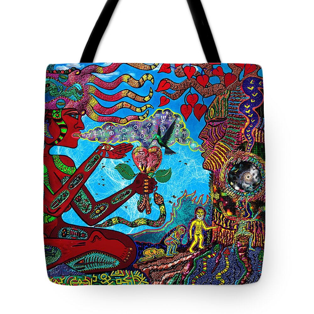 Visionary Tote Bag featuring the mixed media Aquarian Shamaness and The Tree Spirit by Myztico Campo