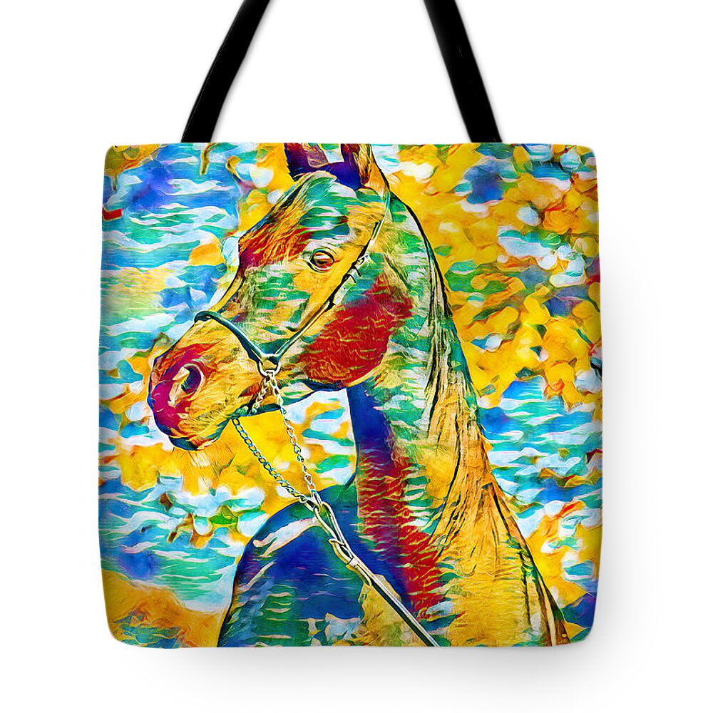 Arabian Horse Tote Bag featuring the digital art Arabian horse colorful portrait in blue, cyan, green, yellow and red by Nicko Prints