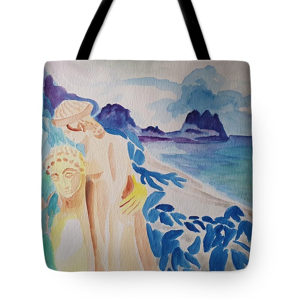Classical Greek Sculpture Tote Bag featuring the painting Archaic Couple and the Sea by Enrico Garff