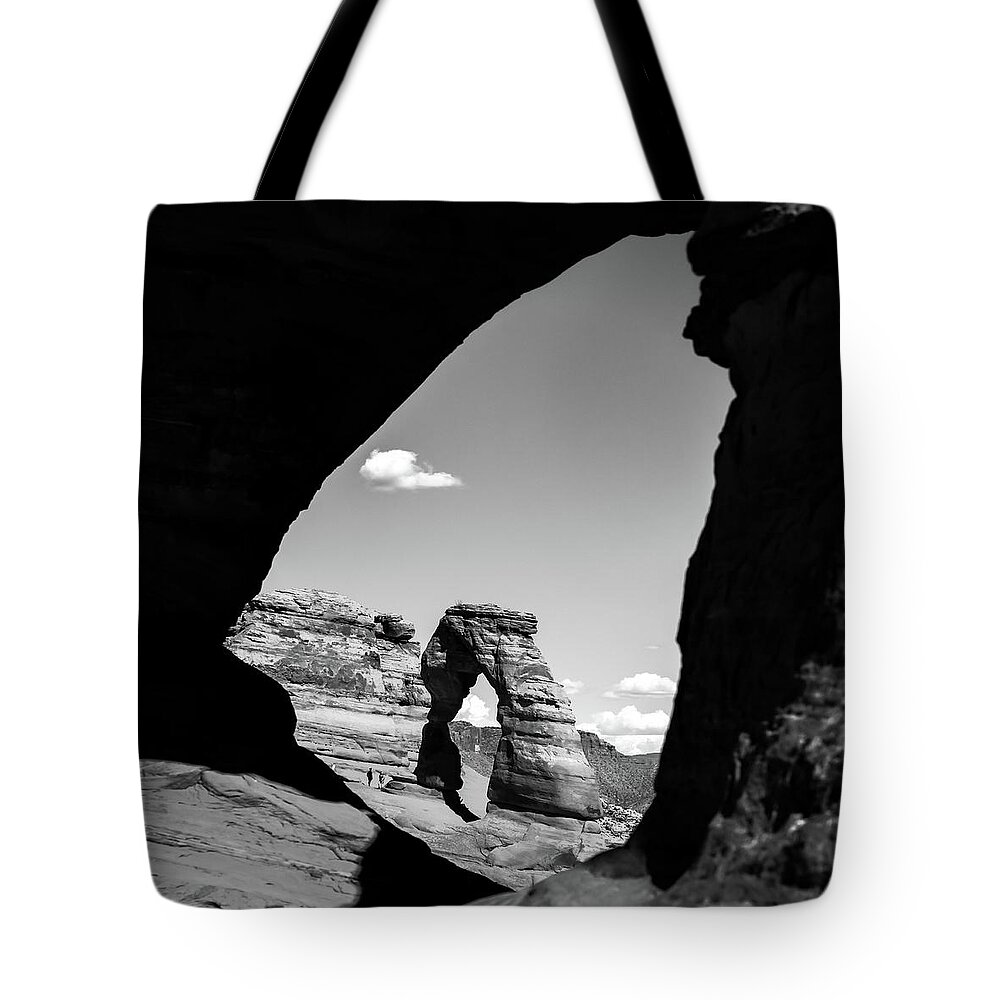 Delicate Arch Tote Bag featuring the photograph Arches National Park's Delicate Arch in Black and White 1x1 by Gregory Ballos