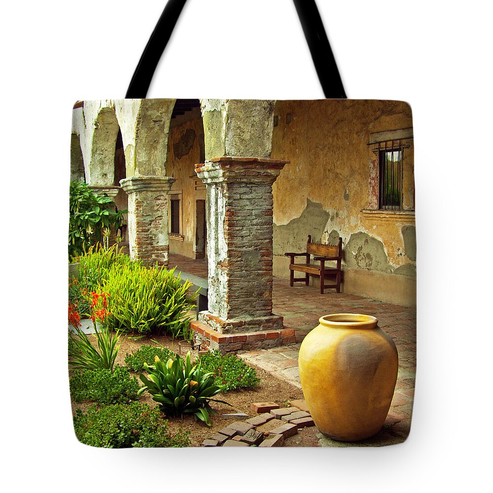 Mission San Juan Capistrano Tote Bag featuring the photograph Archways at Mission San Juan Capistrano, California by Denise Strahm