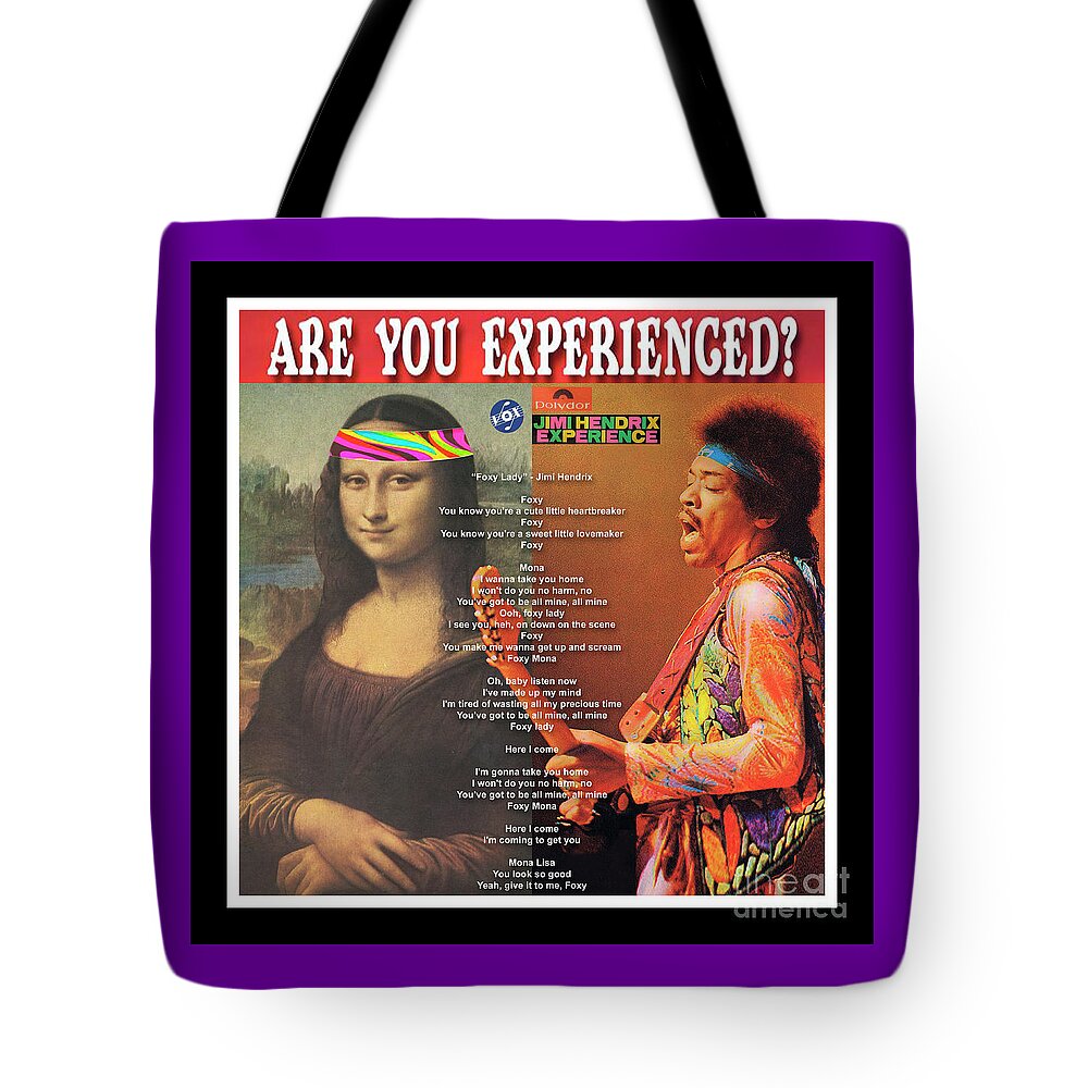Mona Lisa Tote Bag featuring the mixed media Mona Lisa and Jimi Hendrix - Are You Experienced? Mixed Media Record Album Covers Pop Art Collage by Steven Shaver