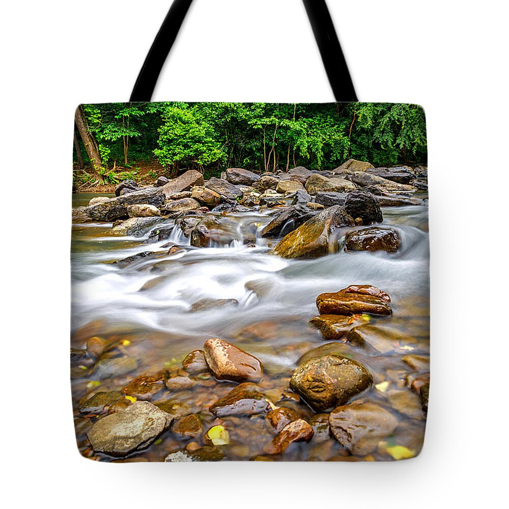 White Water Rocks Tote Bag featuring the photograph Arkansas Natural Dam Waterfalls NIne by Dave Melear