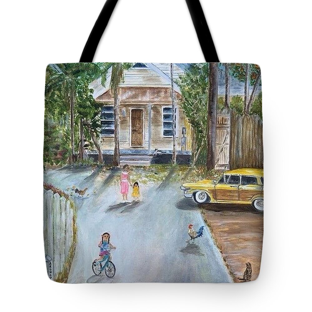 Aronovitz Tote Bag featuring the painting Aronovitz Lane by Linda Cabrera