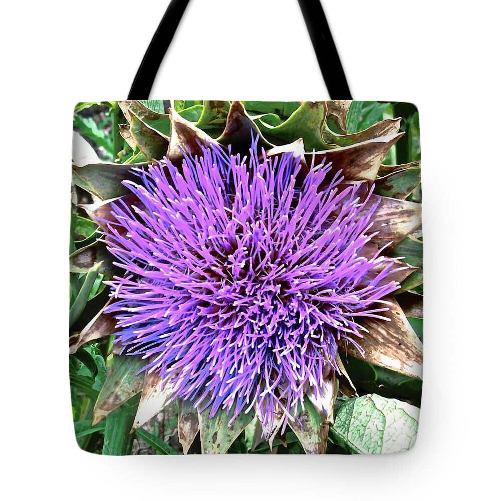 Flower Tote Bag featuring the photograph Artichoke flower by Stephanie Moore