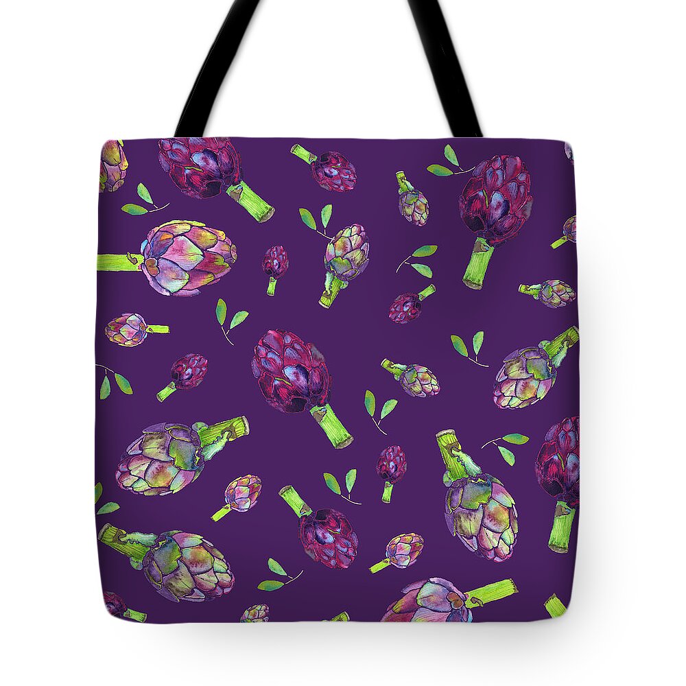 Artichokes Tote Bag featuring the painting Artichoke Trio on Aubergine Background by Marcy Brennan