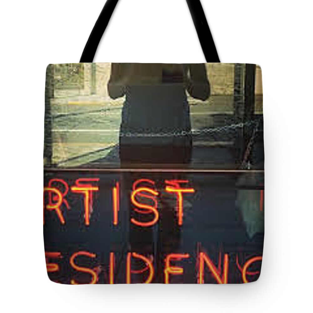 #painting # Portrait #matisse # Monet # Picasso # Gauguin #manet # #contemporary #biennial # Dallas # #kaseyjones #blue # White # Cubism # Woman # Female # Painter # Pratt # Unc # Carolina# Residence #artist In Residence #red # Neon # Photograph Tote Bag featuring the photograph Artist in Residence Street Art Find 2019 by Kasey Jones