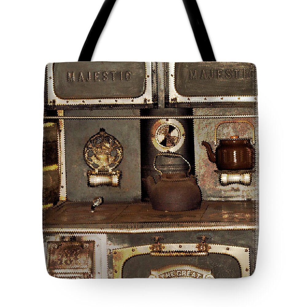 Stove Tote Bag featuring the mixed media Artsy Vintage Stove by Kae Cheatham