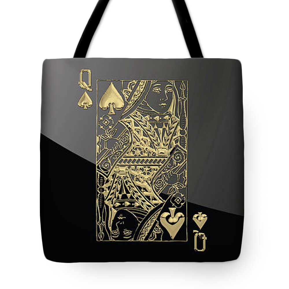 'gamble' Collection By Serge Averbukh Tote Bag featuring the digital art Queen of Spades in Gold on Black  by Serge Averbukh