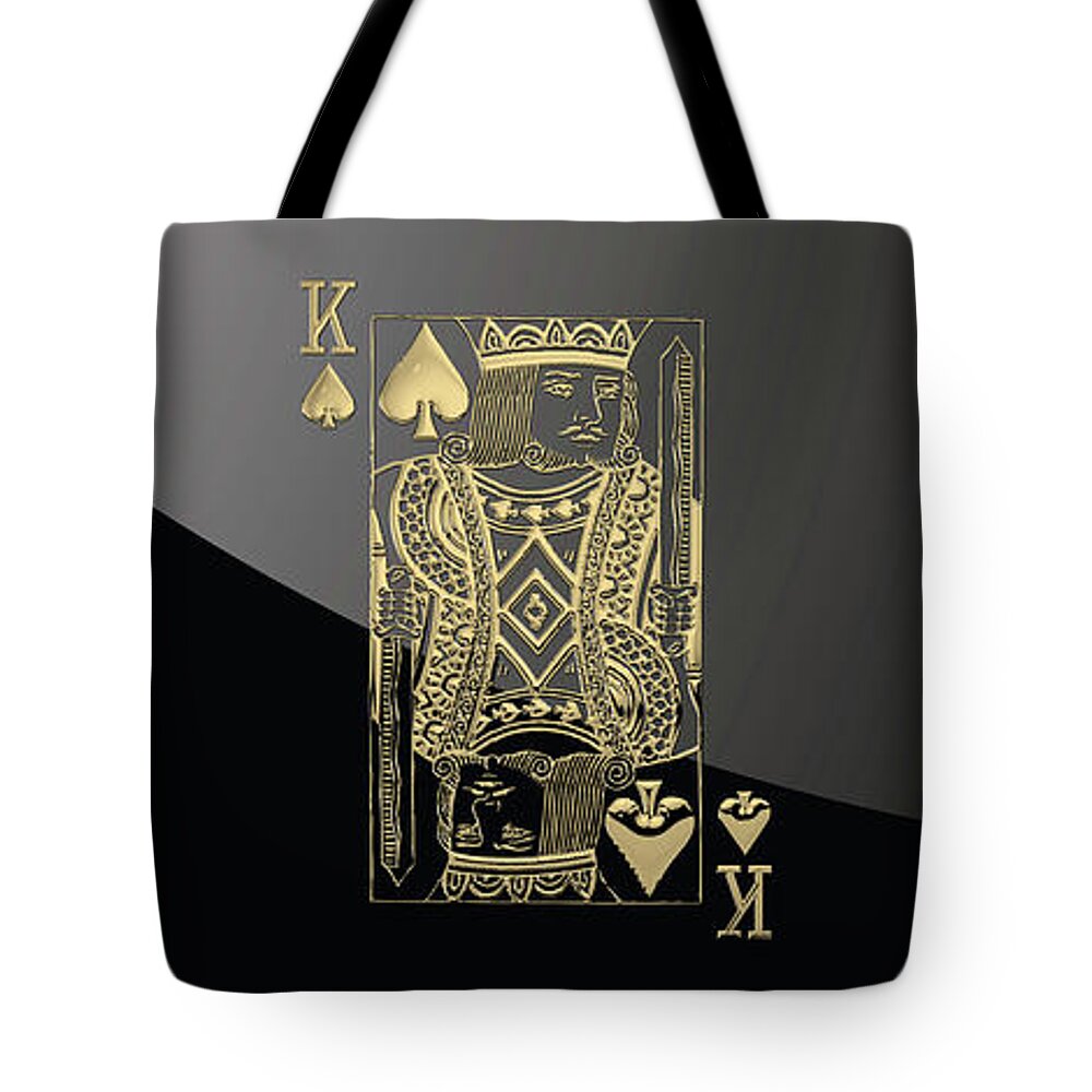 'gamble' Collection By Serge Averbukh Tote Bag featuring the digital art King of Spades in Gold on Black  by Serge Averbukh