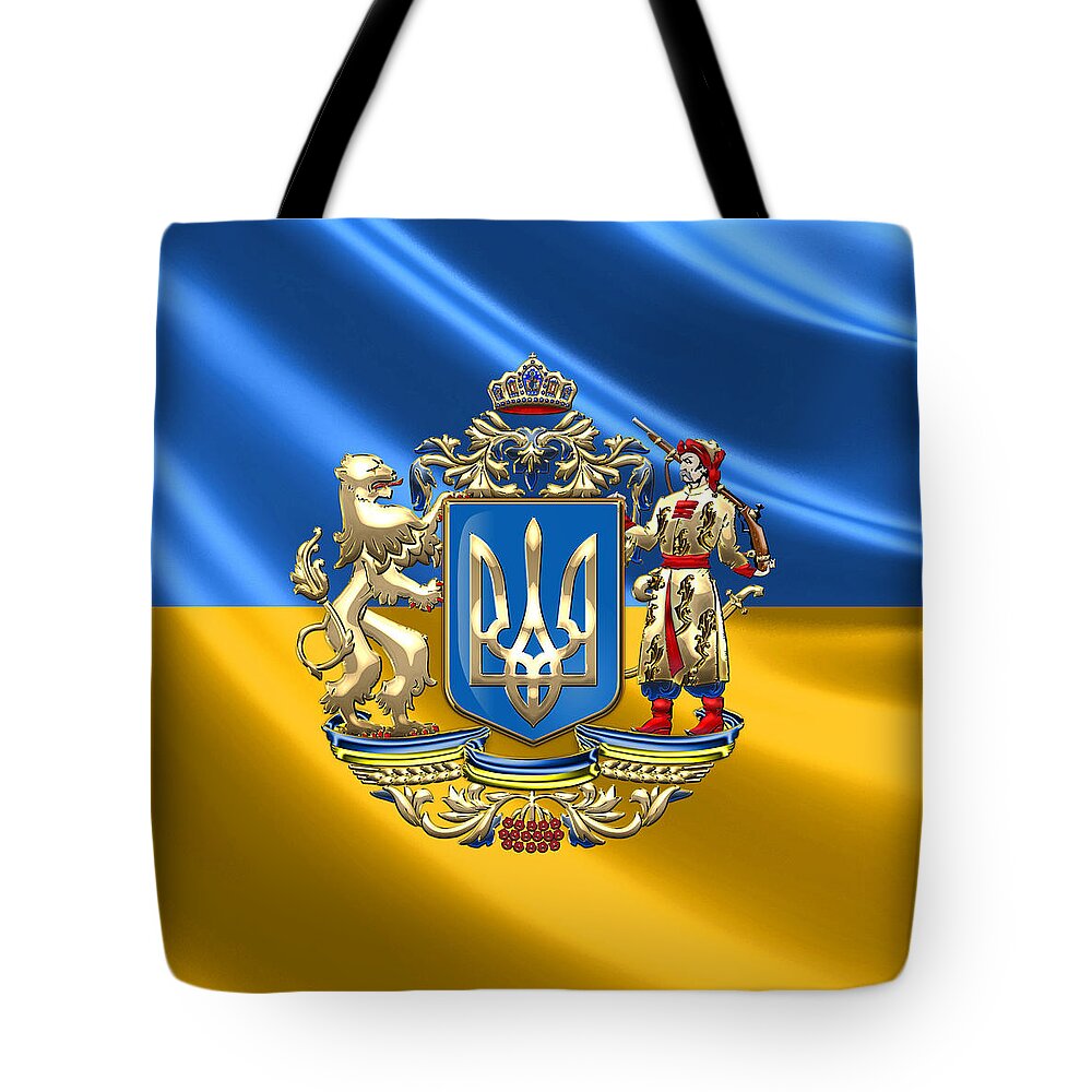 World Heraldry Collection By Serge Averbukh Tote Bag featuring the digital art Ukraine - Proposed Greater Coat of Arms over Ukrainian Flag by Serge Averbukh