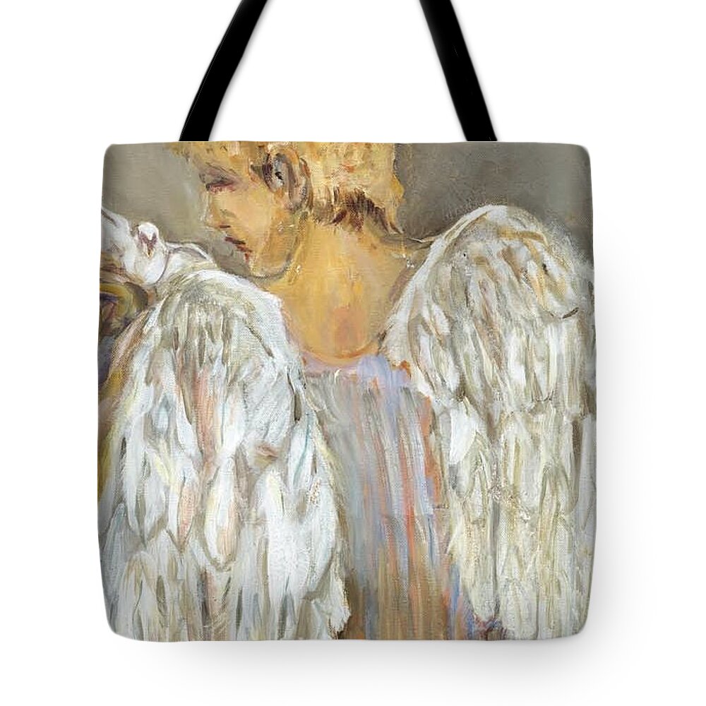 Angels Tote Bag featuring the painting The Messenger by M Theresa Leake
