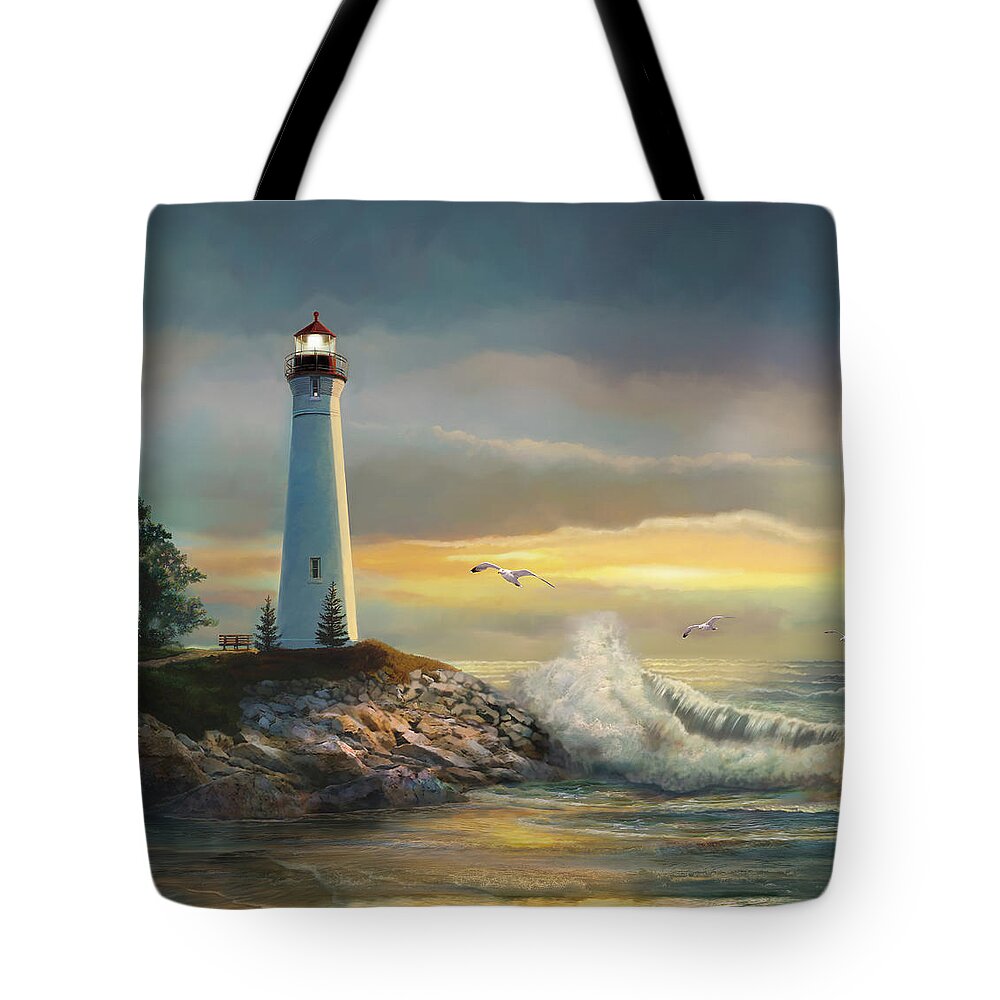 Crisp Point Lighthouse Oil Painting Tote Bag featuring the painting Crisp point lighthouse at sunset by Regina Femrite