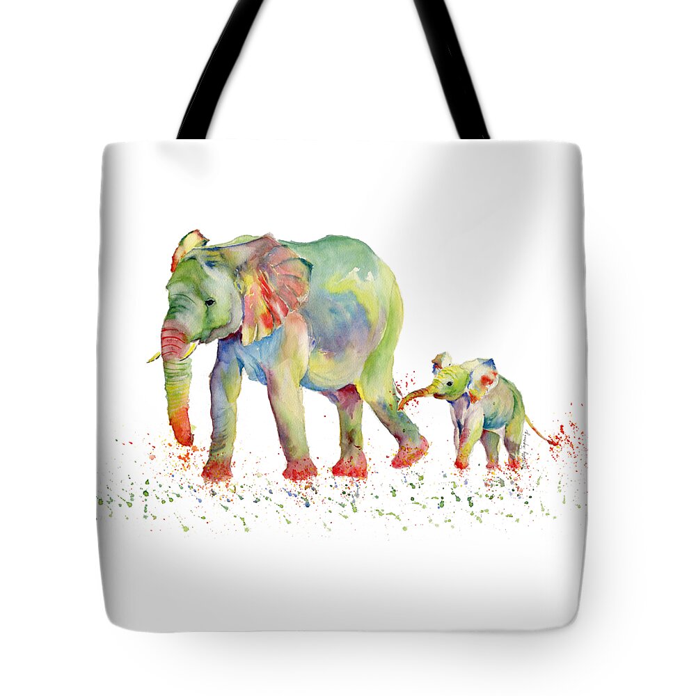 Elephant Tote Bag featuring the painting Elephant Family Watercolor by Melly Terpening
