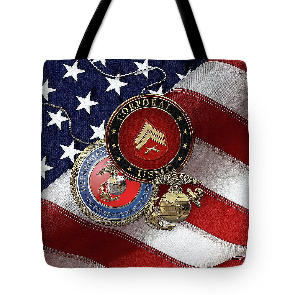 Military Insignia & Heraldry Collection By Serge Averbukh Tote Bag featuring the digital art U.S. Marine Corporal Rank Insignia with Seal and EGA over American Flag by Serge Averbukh