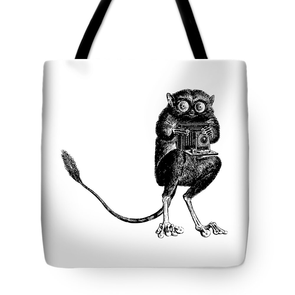 Tarsier Tote Bag featuring the digital art Tarsier with Vintage Camera by Eclectic at Heart