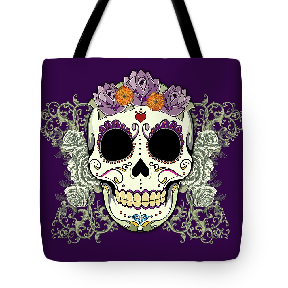 Purple Tote Bag featuring the digital art Vintage Sugar Skull and Flowers by Tammy Wetzel