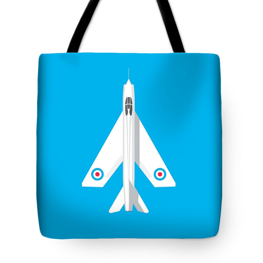 English Electric Tote Bag featuring the digital art English Electric Lightning fighter jet aircraft - Blue by Organic Synthesis