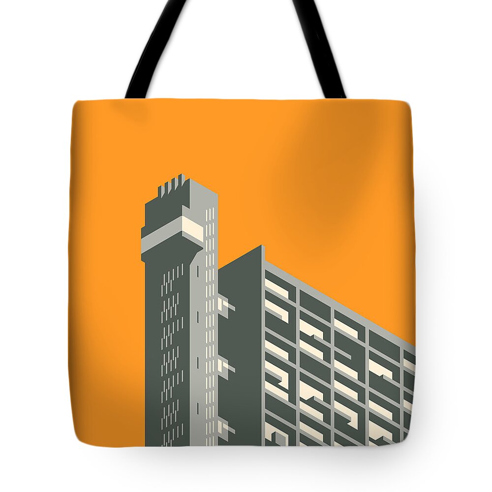 Trellick Tote Bag featuring the digital art Trellick Tower London Brutalist Architecture - Orange by Organic Synthesis