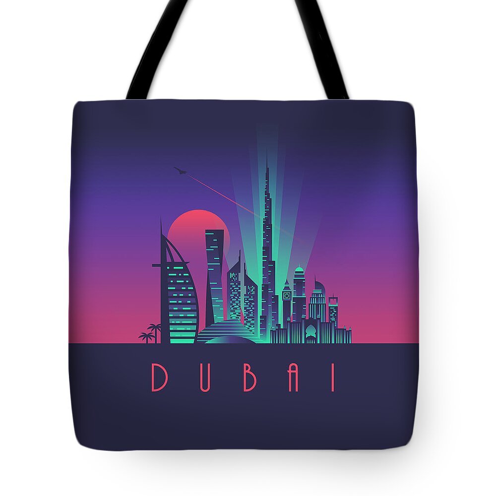 Dubai Tote Bag featuring the digital art Dubai City Skyline Retro Art Deco Tourism - Night by Organic Synthesis
