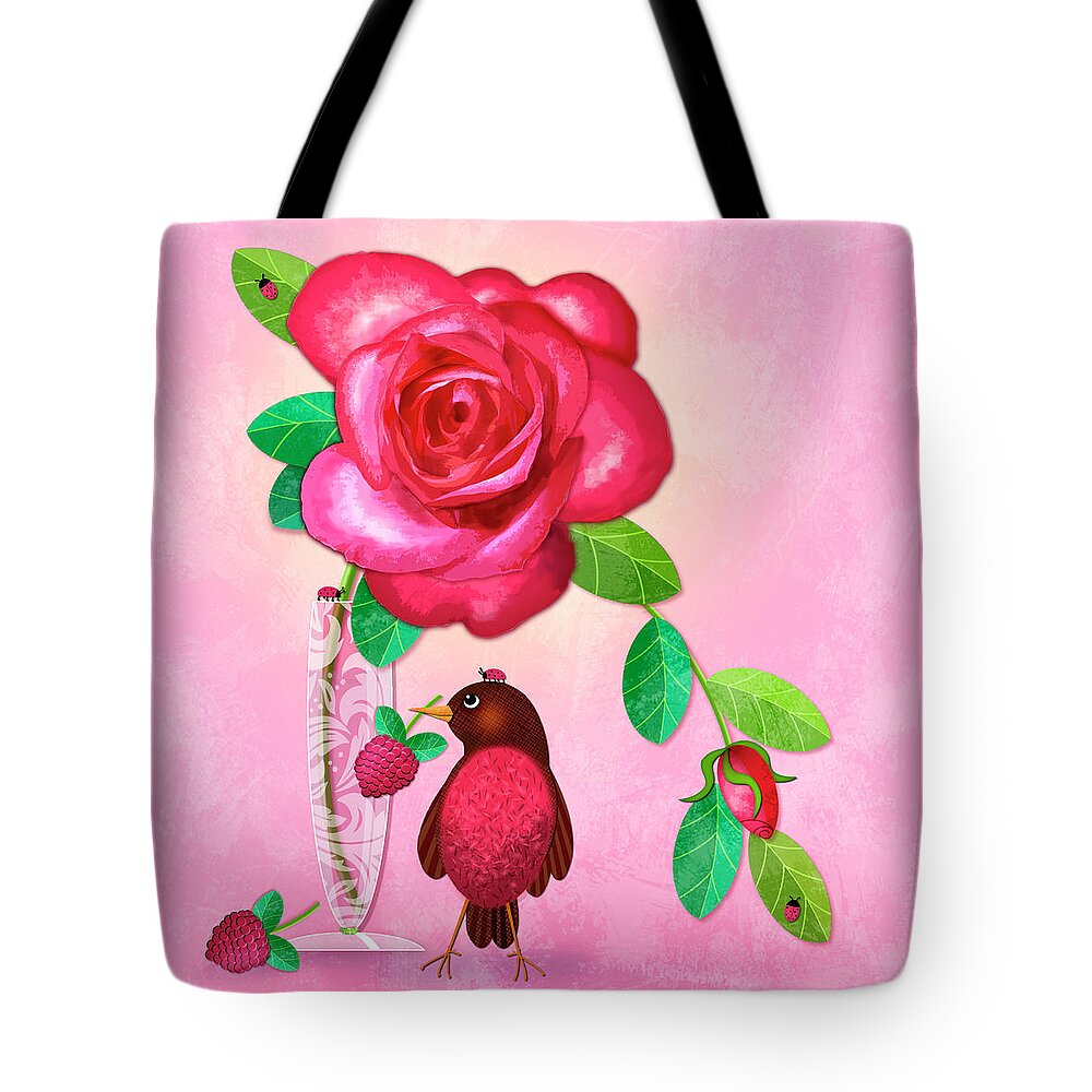 Rose Tote Bag featuring the digital art R is for Rose and Robin by Valerie Drake Lesiak