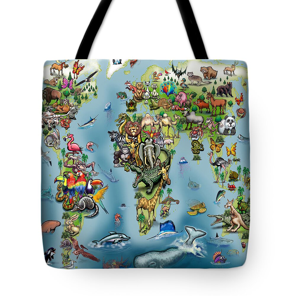 Animal Tote Bag featuring the digital art Animals World Map #2 by Kevin Middleton