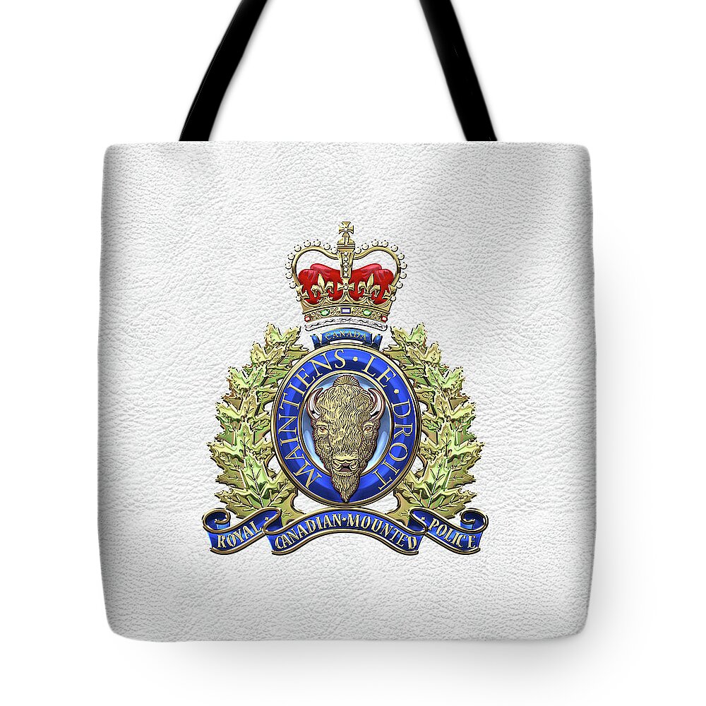 'insignia & Heraldry' Collection By Serge Averbukh Tote Bag featuring the digital art Royal Canadian Mounted Police - R C M P Badge over White Leather by Serge Averbukh