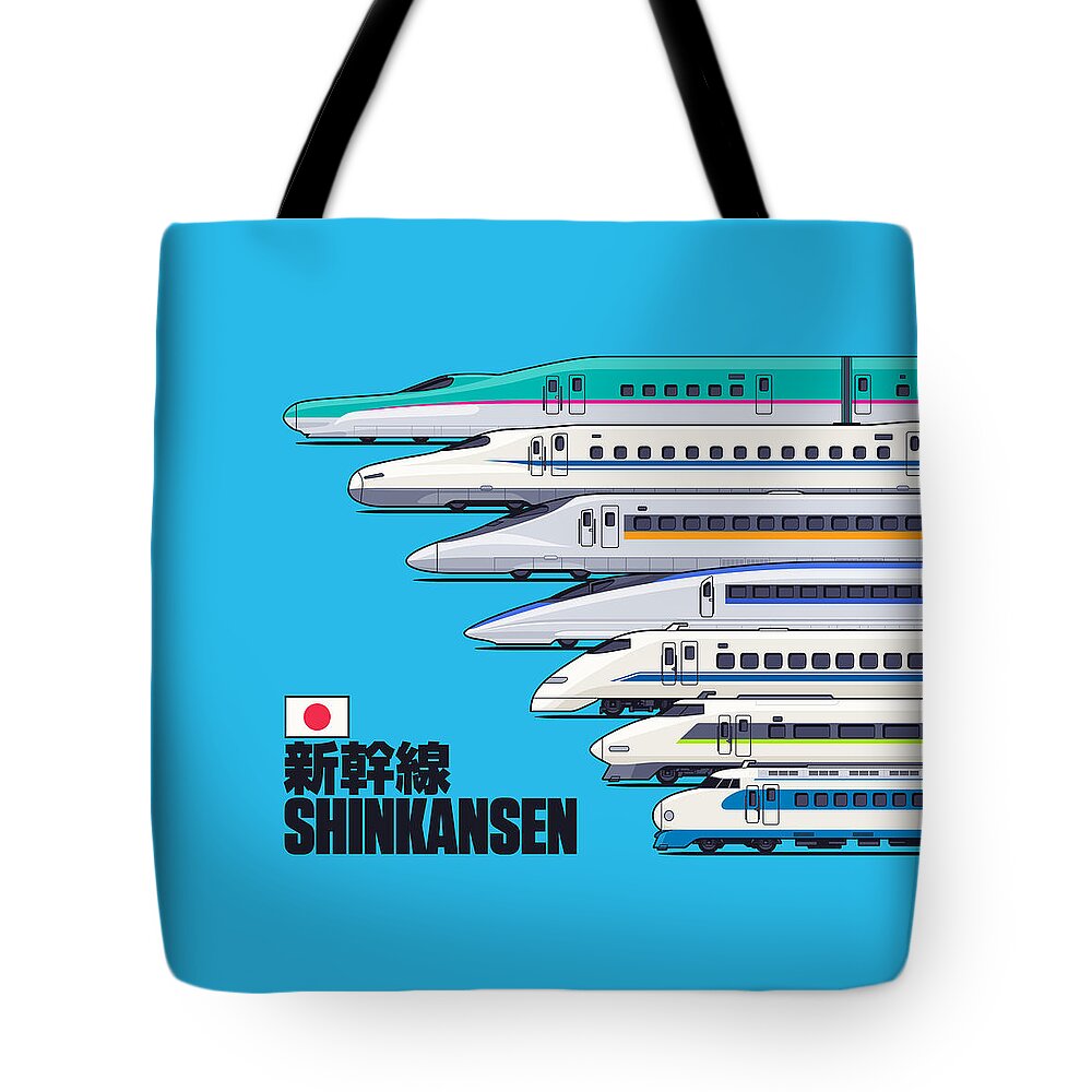 Train Tote Bag featuring the digital art Shinkansen Bullet Train Evolution - Cyan by Organic Synthesis