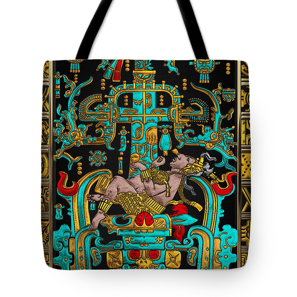 ‘treasures Of Pre-columbian America’ Collection By Serge Averbukh Tote Bag featuring the digital art Lid of The Great Tomb of Pakal - Palenque Astronaut over Black No.2 by Serge Averbukh