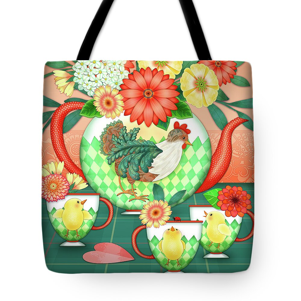 Still Life Tote Bag featuring the digital art Hen and Chicks Come to Tea by Valerie Drake Lesiak
