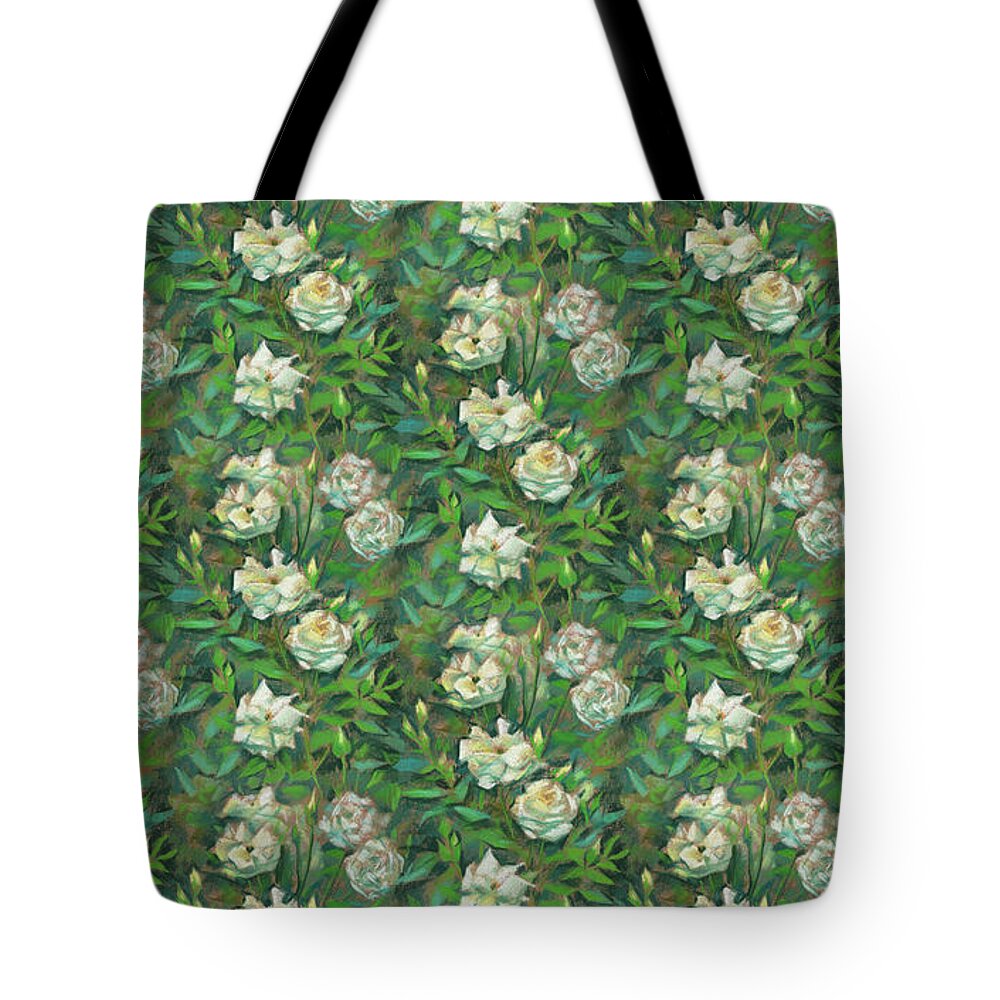 Summer Greenery Tote Bag featuring the pastel White Roses, Green Leaves by Julia Khoroshikh