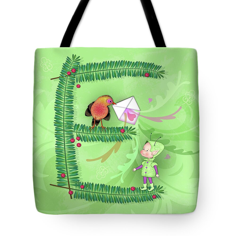 Letter E Tote Bag featuring the digital art The Letter E for Evergreen and Elf by Valerie Drake Lesiak